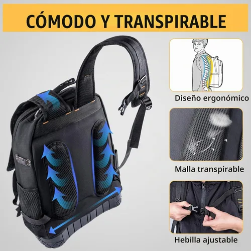 Vista 4 de Mochila de Herramientas Resistente, Mochila Bolsa de Herramientas para Hombres Impermeable Tela Oxford con Base de Plástico, 19 Pulgadas Gran