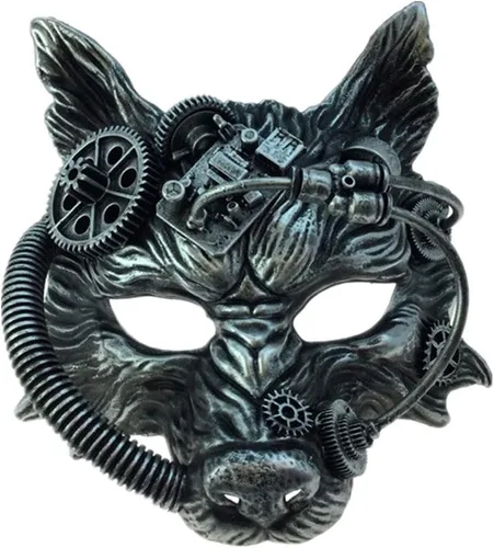Vista 5 de Máscara de lobo de estilo steampunk, aterrador, terror, diablo, lobo, mascarada, disfraz de Halloween, cosplay, fiesta Negro