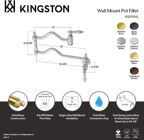 Vista 6 de Kingston Brass KS2101AL Heritage - Llenador de pared para maceta, cromo pulido