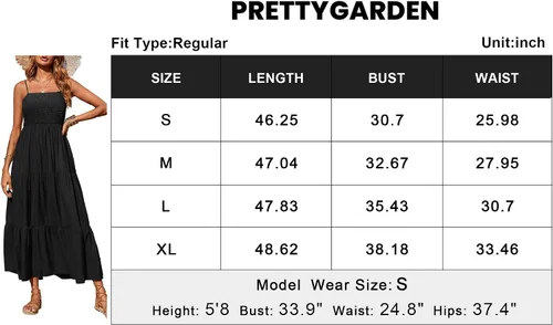 Vista 6 de PRETTYGARDEN - Vestido largo de verano para mujer casual bohemio sin mangas con tirantes delgados fruncido para playa para el sol