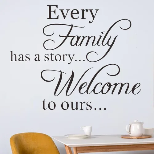 Vista 5 de Vinilo decorativo para pared con texto en inglés «Every Family Has a Story» con frase «Welcome to ours»