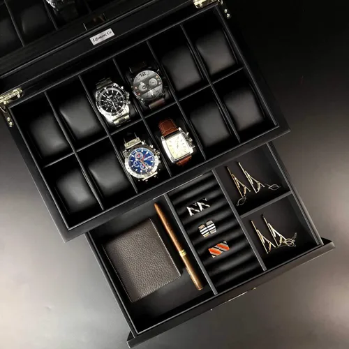 Vista 9 de Lifomenz Co Caja de reloj de madera para hombre organizador de joyas con cajón de valet 12 ranuras para reloj organizador de accesorios para hombre