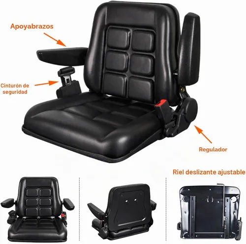 Vista 3 de Asiento universal ajustable para carretilla elevadora con cinturón de seguridad y reposabrazos, respaldo ajustable y riel deslizante Asiento