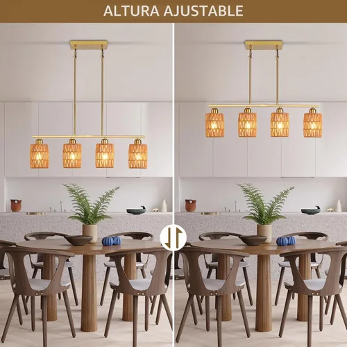 Vista 3 de Lámpara de isla de cocina de ratán, lámpara de araña rústica boho costera, lámpara colgante rústica bohemia de 4 luces para comedor, altura