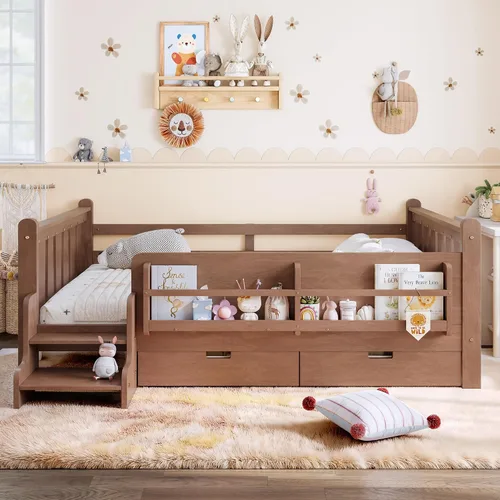 Vista 3 de Cama Montessori de tamaño matrimonial con estantería, cajones de Natural