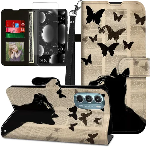 Vista 29 de Funda para Motorola Edge 2022 con protector de pantalla, soporte y tarjetero y correa para la muñeca, funda magnética para Moto Edge 2022 5G UW Lobo