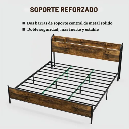 Vista 8 de IKIFLY Base de cama tamaño King con cabecera de estante de almacenamiento y Marrón rústico