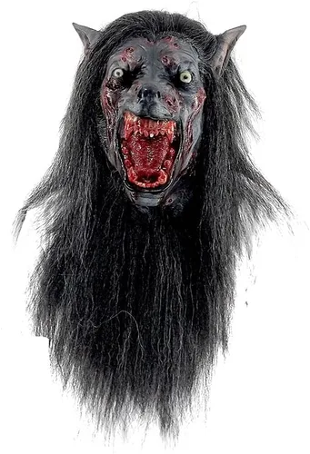 Vista 2 de Ghoulish Productions Máscara de lobo negro. Máscara de látex de lobo negro, máscara de lobo gruñido, máscara de criatura hombre lobo con piel negra.