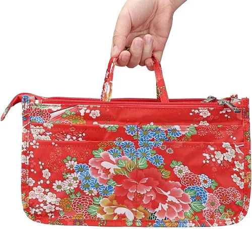 Vista 7 de BTSKY Organizador de bolsas de impresión dentro del bolso, organizador de bolsa de alta capacidad con 13 bolsillos con asa (flor festiva)