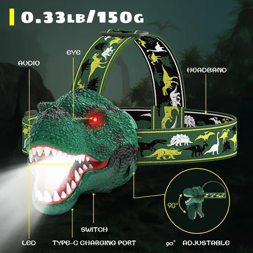 Vista 8 de Dysaim Linterna Frontal para Niños, Linterna Frontal de Dinosaurio T-Rex Recargable para Niños y Lámpara LED de Cabeza, Linterna de Equipo