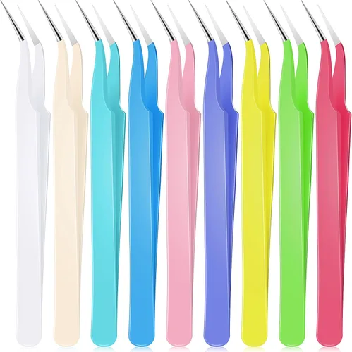 Vista 8 de Honoson 9 pinzas curvadas puntiagudas para manualidades, pinzas de precisión de acero inoxidable con cubierta protectora para diamantes