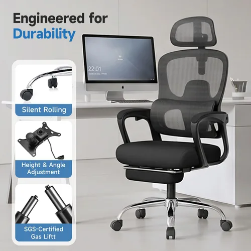 Vista 8 de Silla de oficina ergonómica con reposapiés, silla de oficina Negro