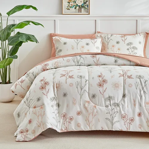 Vista 13 de AIKASY - Juego de 7 piezas de edredón reversible de microfibra suave, juego de cama en una bolsa, tamaño Queen - Estampado floral
