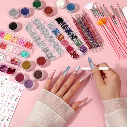 Vista 8 de Kit de uñas postizas acrílicas, kit de uñas postizas a presión con puntas de uñas transparentes de ataúd, soporte de exhibición de uñas, calcomanías