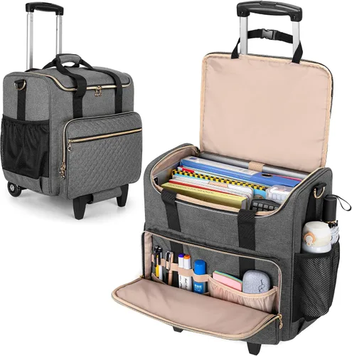 Vista 9 de LUXJA Bolsa rodante para profesores con compartimento para laptop y dolly desmontable, bolsa de mano rodante multifuncional para profesores