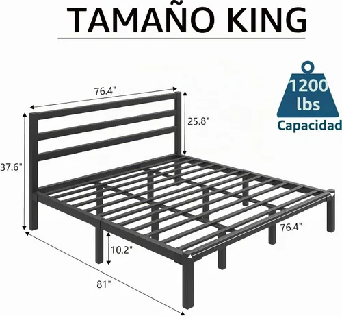 Vista 2 de LoVinson Marco de cama de metal tamaño King con cabecero, listones de metal, color negro
