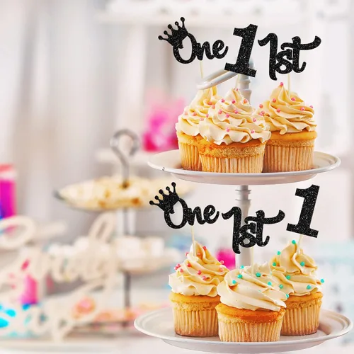 Vista 5 de 24 piezas de adornos para cupcakes de primer cumpleaños con purpurina, decoraciones de pastel de primer cumpleaños, palillos para cupcakes "One