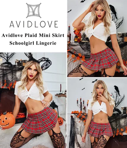 Vista 2 de Avidlove Lencería para mujer, disfraz de minifalda a cuadros, uniforme de colegiala, juego de rol