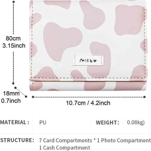 Vista 5 de MOZXIRZ Cartera de piel sintética para mujeres y niñas con estampado de vaca de tres pliegues delgada y corta con diseño de caricaturas triple