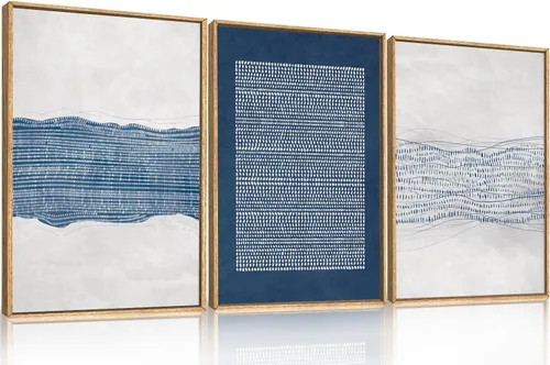 Vista 54 de Lienzo decorativo abstracto grande con marco naranja quemado, decoración de pared azul neutro y negro, arte moderno con pinceladas, impresión