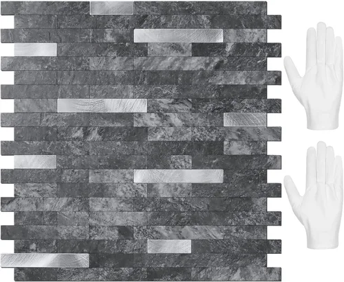 Vista 26 de STICKGOO Azulejo de protección contra salpicaduras para despegar y pegar, para cocina y baño, aspecto de madera negra y gris, PVC, mezcla de metal