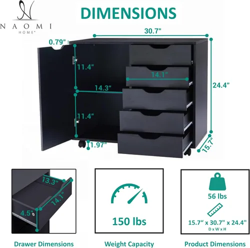 Vista 2 de Naomi Home Archivador de oficina con ruedas para debajo del escritorio, con 5 cajones y gabinete de almacenamiento lateral, organizador móvil
