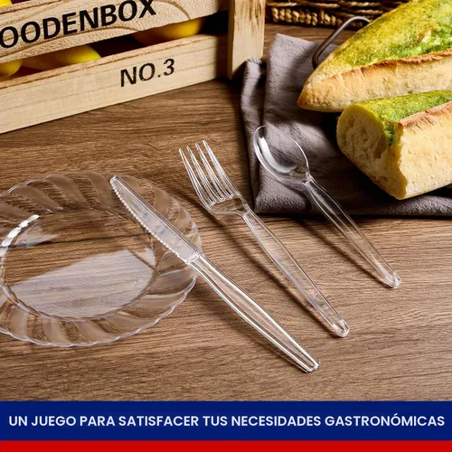 Vista 7 de JOLLY CHEF Juego de 300 cubiertos de plástico transparente, 100 tenedores, 100 cucharas, 100 cuchillos, juego de cubiertos de plástico desechables