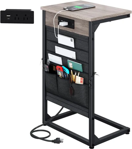 Vista 14 de Mesa auxiliar en forma de C con estación de carga rápida, mesa lateral pequeña para sofá con bolsa de almacenamiento, bandeja de TV para sofá