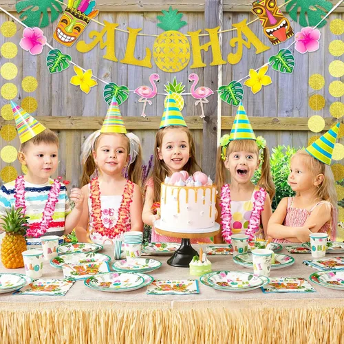 Vista 6 de WERNNSAI Pancarta hawaiana de Aloha para fiestas, flamenco, piña, tiki, tropical, Luau, suministros de fiesta, recuerdos, grande, dorado, brillante