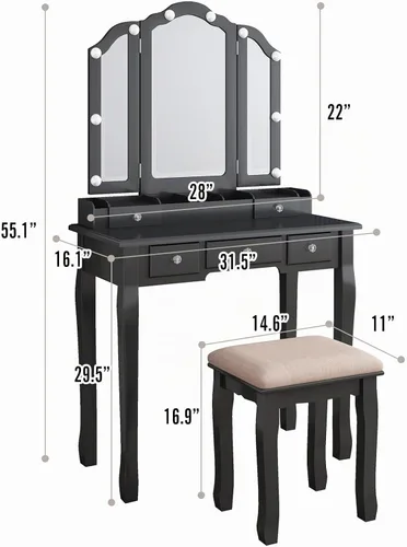 Vista 8 de Escritorio de tocador con espejo y luces de maquillaje con luces mesa con luz tocador de maquillaje con cajones negro juego de tocador para niñas