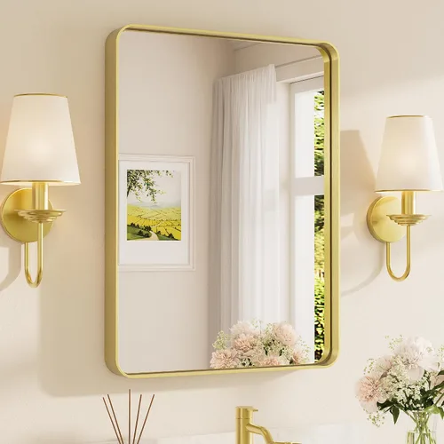 Vista 109 de Espejo de marco dorado cepillado de 16 x 24 pulgadas, espejo de tocador de baño de latón dorado para pared, espejo enmarcado rectangular de esquina