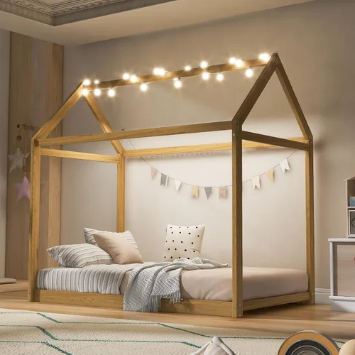Vista 7 de Merax Cama de casa de madera, cama de piso con listones de madera, no necesita somier, tamaño individual, gris