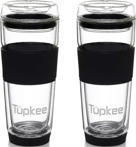 Vista 13 de Vaso de vidrio de doble pared, 14 onzas, todo de vidrio, reutilizable, aislado, taza de té/café con tapa, soplado a mano, taza de viaje, color negro