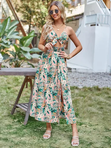 Vista 7 de Vestido de verano para mujer, diseño de hojas tropicales, lazo frontal, tirantes delgados, cintura fruncida, corte acampanado, maxi vestido