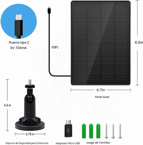 Vista 6 de Panel solar para cámara exterior, cargador solar resistente al agua IP66, suministro de energía solar continuo para cámaras de seguridad, con cable