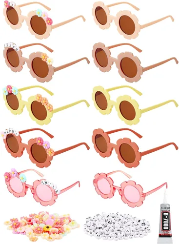 Vista 13 de Dunzy 10 pares de lentes de sol redondos de flores para niños, gafas de bricolaje para exteriores, con 50 margaritas, 100 cuentas de letras al azar