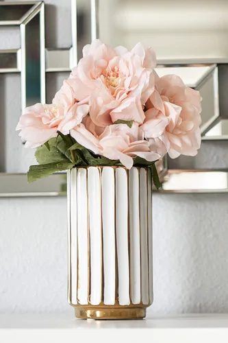 Vista 7 de Jarrón blanco y dorado, elegante decoración del hogar, florero de flores, centro de mesa de cocina, crestas geométricas, parte inferior biselada