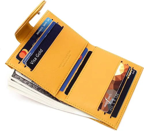 Vista 2 de Badiya Billeteras pequeñas para mujer, billetera plegable multitarjetero delgado con cremallera, Amarillo, Minimalista