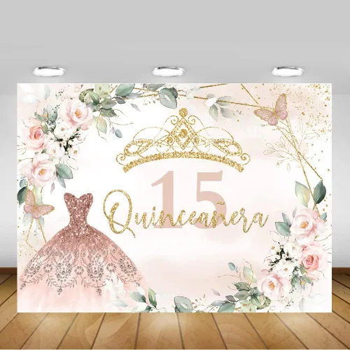Vista 4 de Mocsicka Telón de fondo de cumpleaños de quinceañera para decoración de fiesta de cumpleaños de 15 años, decoración de fondo de fotografía rosa