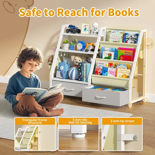 Vista 3 de Estantería para niños y organizador de juguetes Twinkoo, estante resistente de 3 niveles, estantería con bandeja y 2 contenedores de juguetes