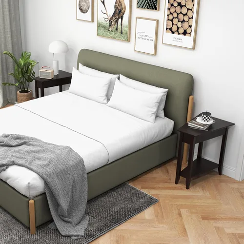 Vista 8 de GIANTEX Mesa auxiliar de cuña, mesa auxiliar triangular con estante de almacenamiento y patas de madera maciza, mesa reclinable, mesita de noche