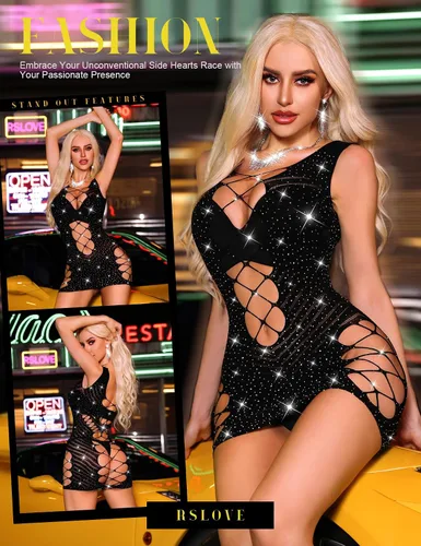 Vista 4 de RSLOVE Lencería de malla para mujer, babydoll de malla, body de encaje para mujer