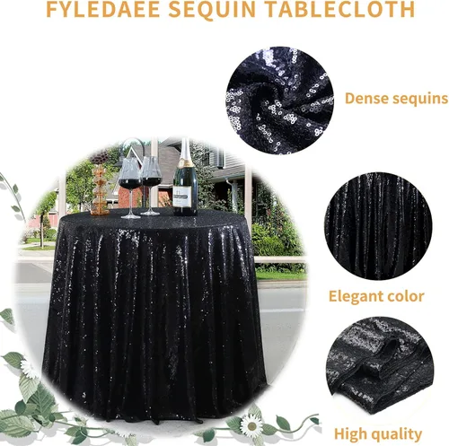 Vista 2 de Manteles redondos de lentejuelas negros para fiestas, de 121,9 cm, mantel redondo de purpurina ajustado, pequeño, lindo y dulce, para boda