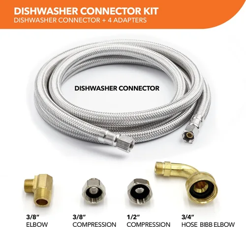 Vista 2 de Kit de instalación universal para lavavajillas, compresión de 3/8 pulgadas, manguera de acero inoxidable trenzada de 4 pies de largo + codo