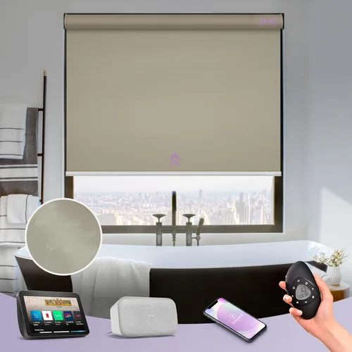 Vista 26 de Graywind Persianas enrollables motorizadas 100% opacas compatibles con Alexa Google, de vinilo, impermeables, inalámbricas, control remoto A-Beige
