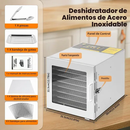 Vista 3 de FAHKNS Máquina deshidratadora de alimentos, 8 bandejas de acero inoxidable, secadora deshidratada de 700 W, control de temperatura de 190ºF