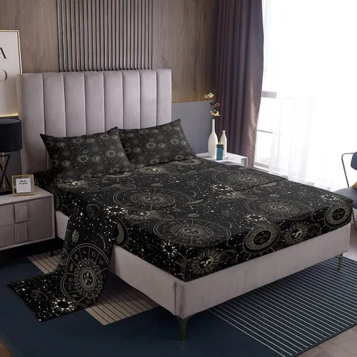 Vista 44 de Erosebridal Juego de sábanas tamaño individual con estampado de luna, diseño de flores de loto, color morado degradado, juego de sábanas orientales