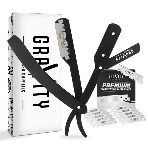 Vista 14 de Kit de afeitado manual GRAVITY RAZORS Profesional – Exposición Ultra, Incluye 10 Hojas Premium, 2mm Expuestas, Negro Mate