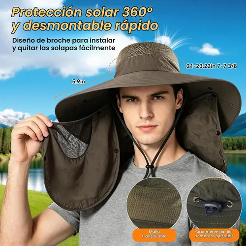 Vista 3 de Sombrero de pesca de ala súper ancha UPF 50+, sombrero de safari solar con solapa extraíble para el cuello