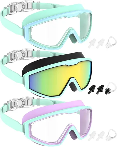 Vista 10 de NSSIW Gafas de natación para niños, antiniebla, sin fugas, con clip para la nariz, tapones para los oídos para niñas, niños y jóvenes, 6-14, paquete